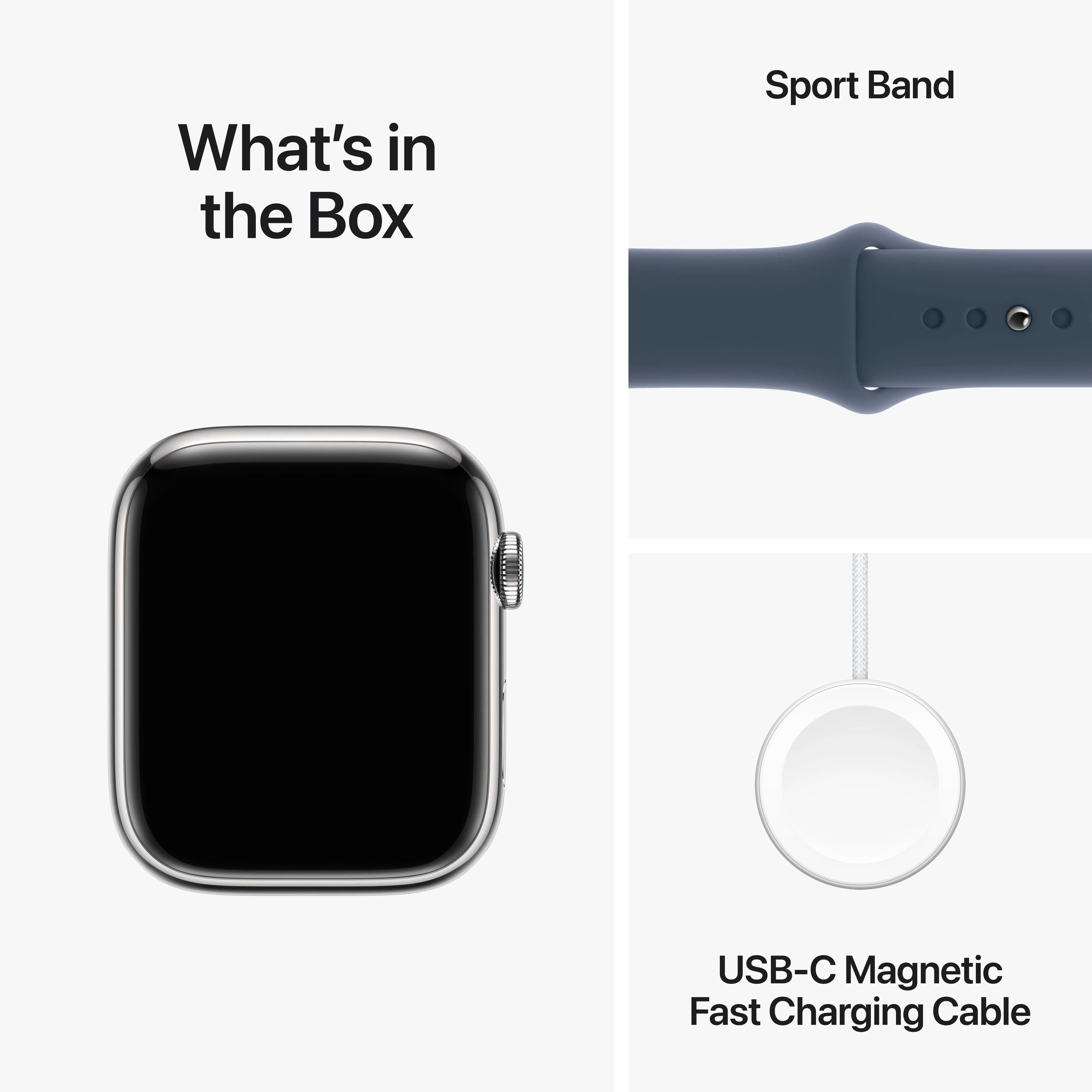 Apple Watch Series 9 GPS + Cellular 45mm Silver Stainless Steel Case with Storm Blue Sport Band - M/L - Image 10